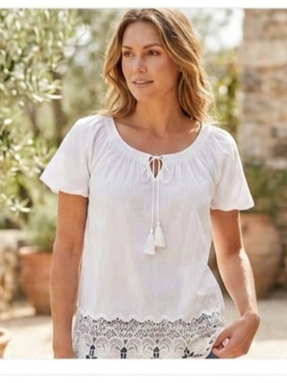 St John's Bay Women Size S White Poplin Short Sleeve Crochet Lace Hem Tassel Top